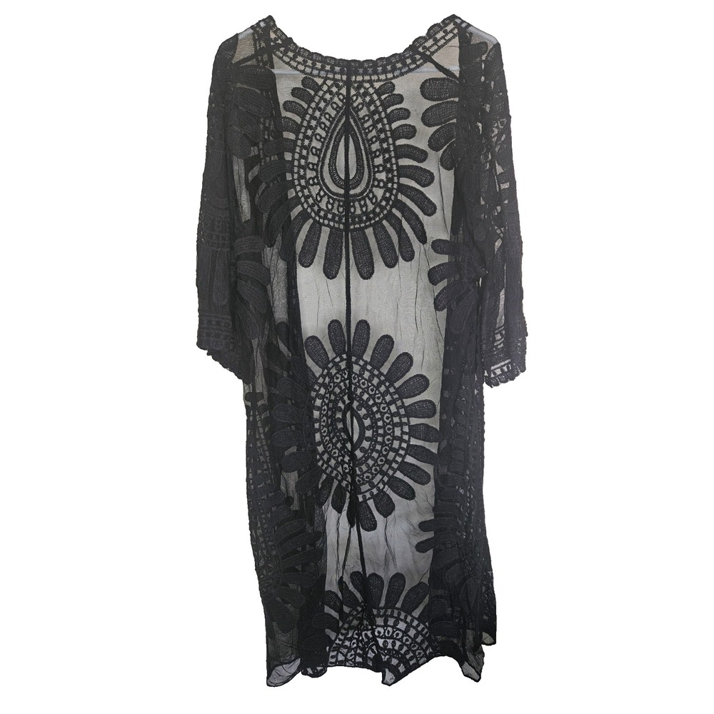 Black Lace Kimono Cardigan Sheer Duster Open Front Boho Festival Witchy Gothic - Picture 2 of 7